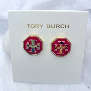 New Tory Burch Gold Logo, Red Enamel Octagon Stud Earrings
